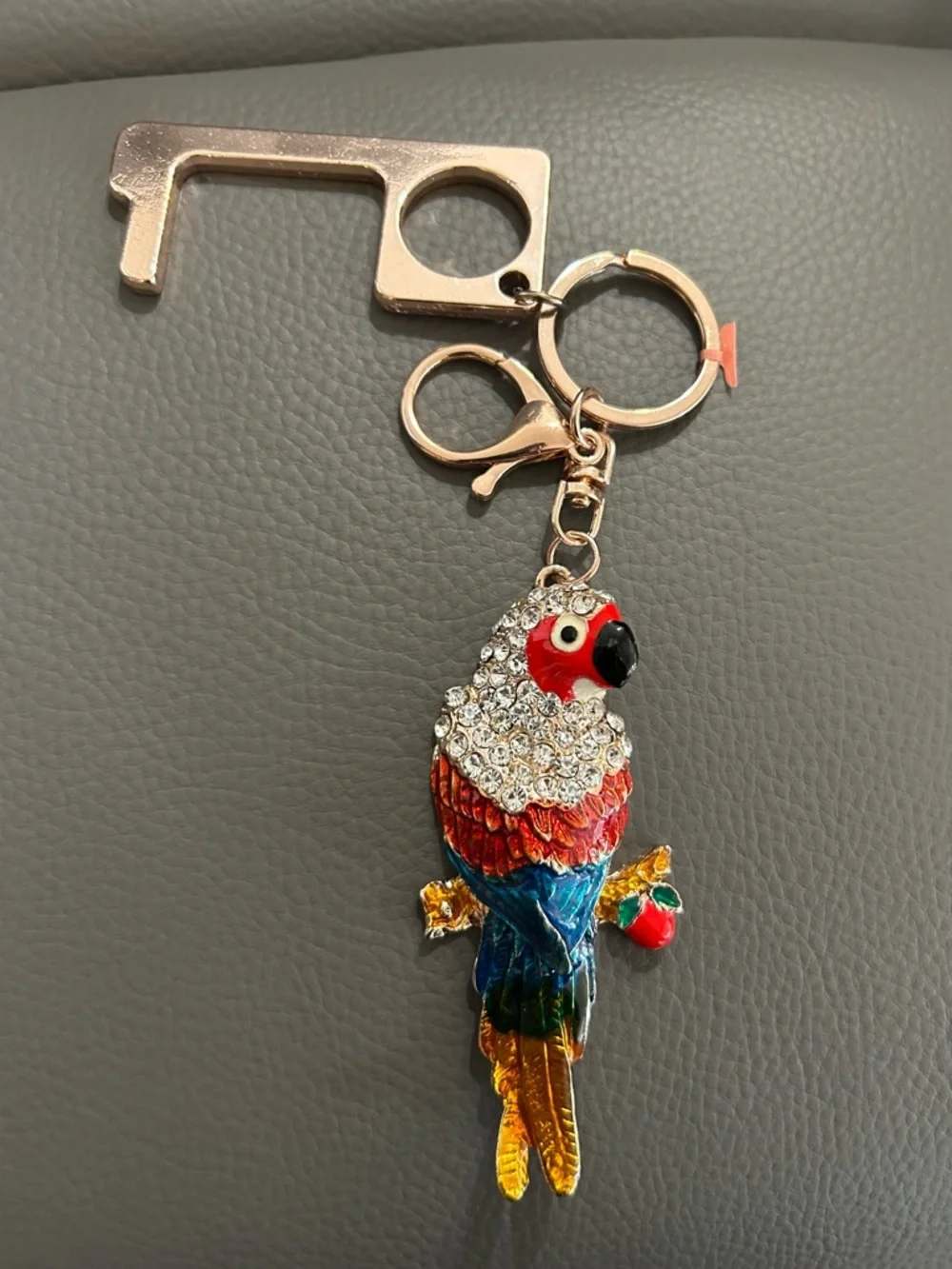 Rhinestone Parrot Keychain Bag Charm + No Touch Door Opener Tool